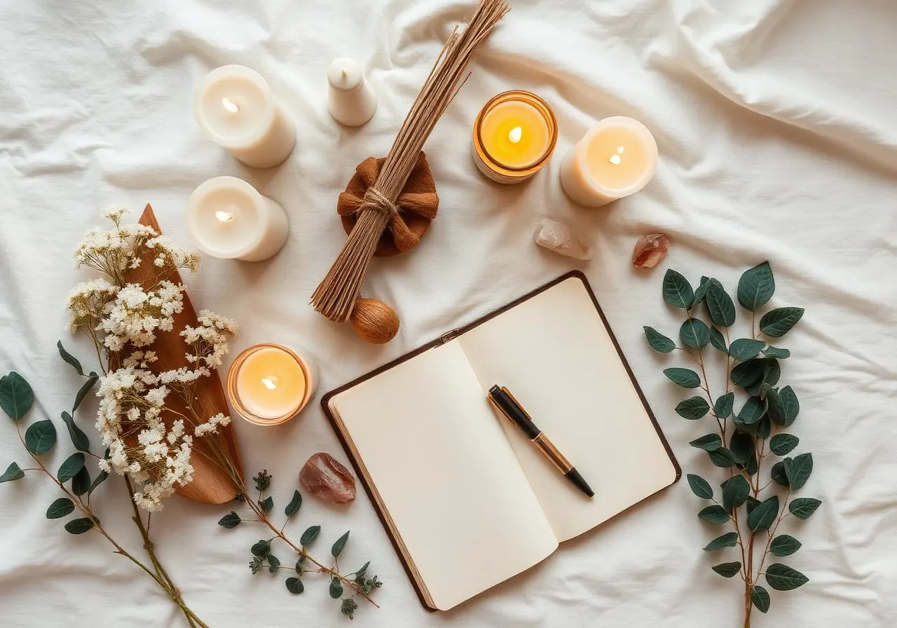Altar holístico com velas, cristais e caderno aberto